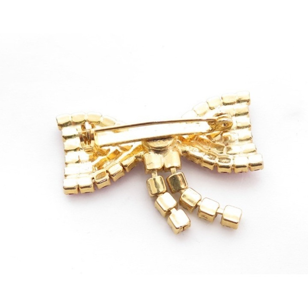 Vintage Red Rhinestone Gold Bow Pin - Picture 2 of 4